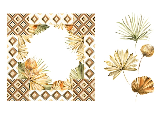 Boho frame of natural wood mosaic geometric tiles tropic palm leaves dried grass for prints cards