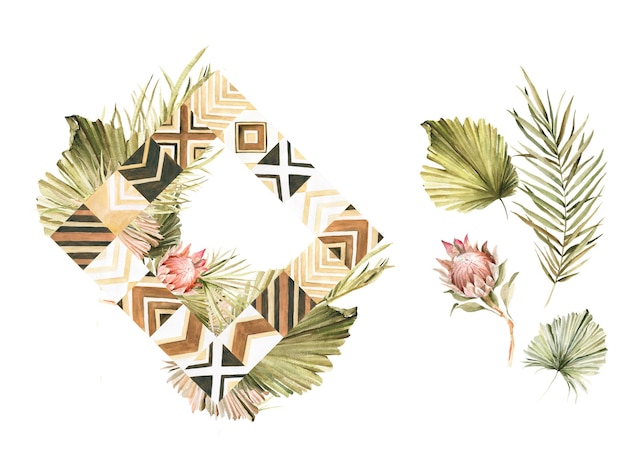 Boho frame of natural wood mosaic geometric tiles tropic palm leaves dried grass for prints cards