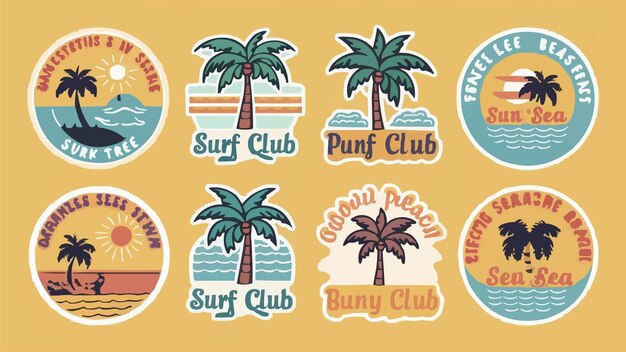 Vector boho groovy palm tree beach sun sea stickers surf club vacation and sunny summer day aesthetic vec