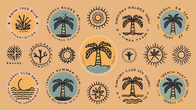 Vector boho groovy palm tree beach sun sea stickers surf club vacation and sunny summer day aesthetic vec