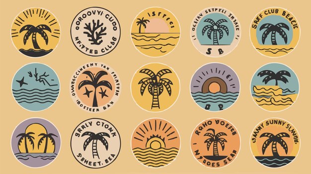 Vector boho groovy palm tree beach sun sea stickers surf club vacation and sunny summer day aesthetic vec