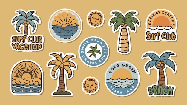 Vector boho groovy palm tree beach sun sea stickers surf club vacation and sunny summer day aesthetic vec