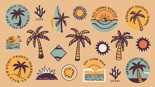 Vector boho groovy palm tree beach sun sea stickers surf club vacation and sunny summer day aesthetic vec