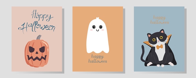 Vector boho halloween greeting cards with cute characters printable greeting cards illustration design for halloween in pastel colors