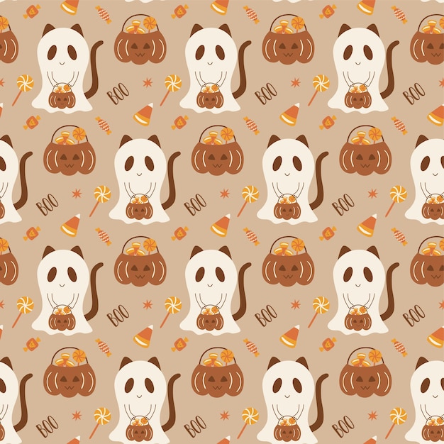 Boho Halloween pattern Boho Halloween spooky Ghost with sweets seamless background Cute spooky cat in pastel background wallpaper Classic Halloween surface design vector illustration Trick treat