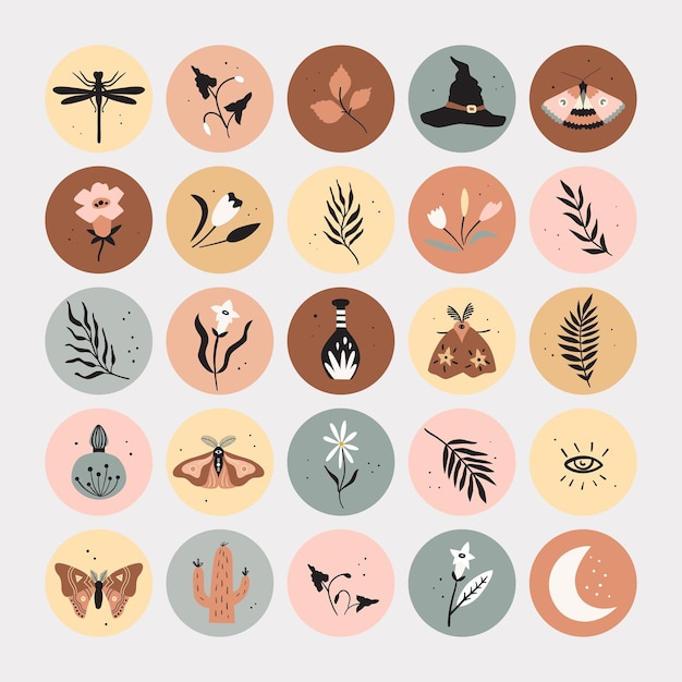 Boho highlights cover icons set Vector