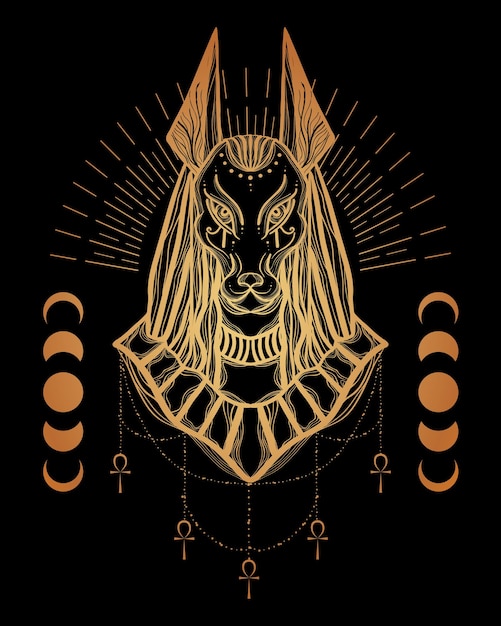 Boho illustration with Anubis head egyptian God of death and war