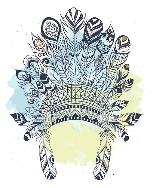 Boho illustration with headdress from feathers 