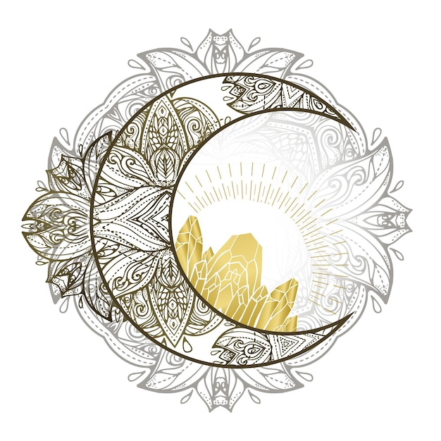 Vector boho illustration with moon and crystals tattoo art style astrology and alchemy vibes