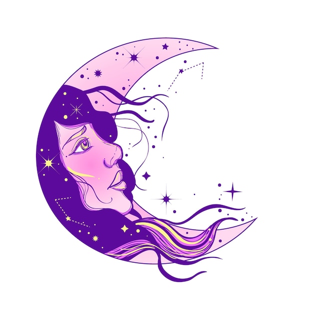 Boho illustration with moon face at gypsy style.Astrology and alchemy vibes.