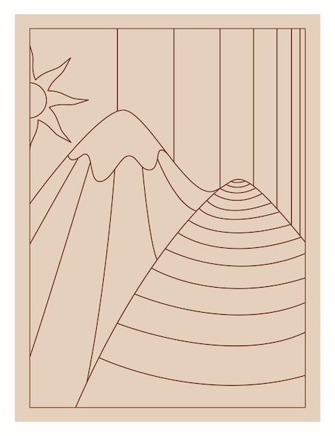 Boho line art, minimalistic illustration, landscape, sun