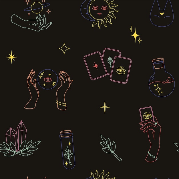 Vector boho magical neon seamless pattern, witchcraft objects moon, eye, hands, sun,simple line, bohemian