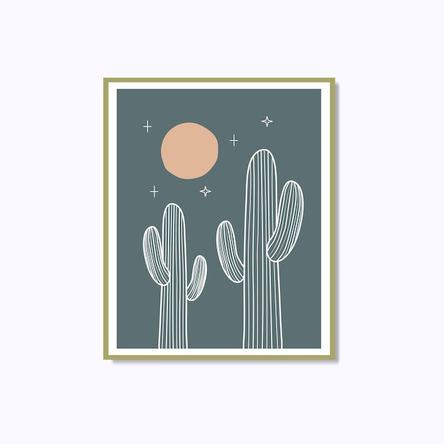 Boho modern minimalist linear cactus full moon poster wall art