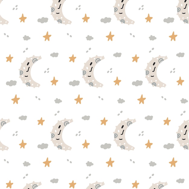 Boho modern minimalist pattern newborn moon star clouds