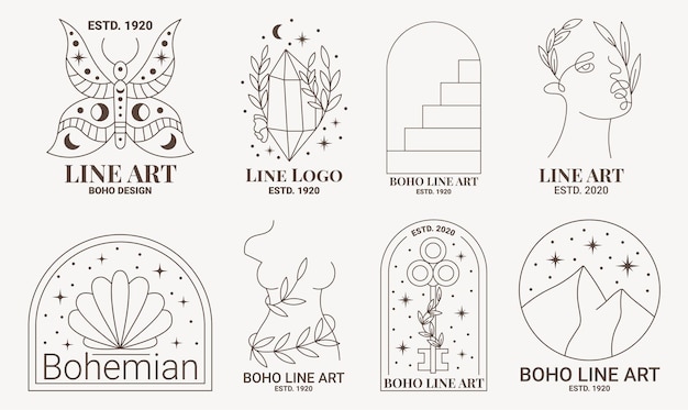 Boho mystic doodle esoteric logo set. Magic line art icon with butterfly, diamond, arch, woman body and face, key, mountain. Bohemian modern vector illustration