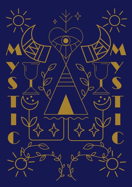 Vector boho poster mystic shaman hut moon sun and botanical gold line element magic minimal card or social media stories template tarot and notebook cover ethnic cult vector abstract background