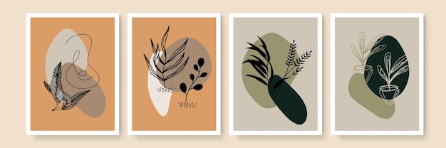 Boho poster set. Botanical wall art vector set. boho Foliage line art drawing with abstract shape. Abstract Plant Art design for print, cover, wallpaper