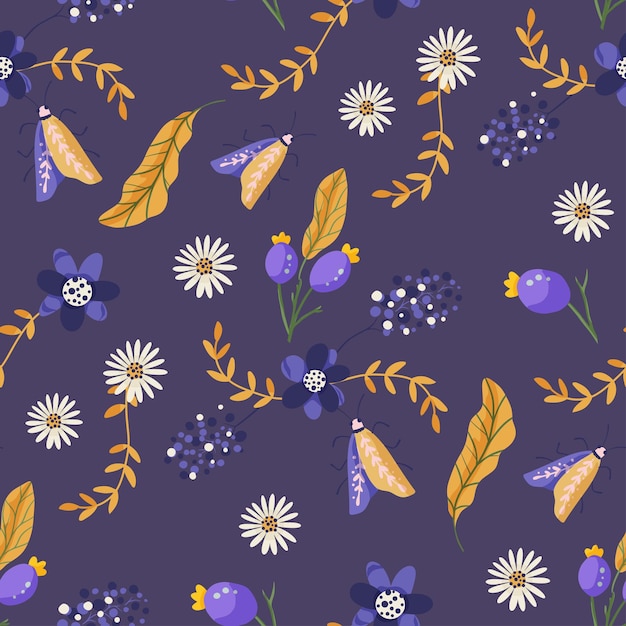 Boho purple berry and moth seamless pattern