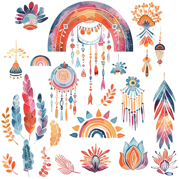 Vector boho rainbow element bundle white background clipart