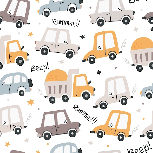 Boho seamless pattern with cute cars Pattern for bedroom wallpaper kids and baby wear