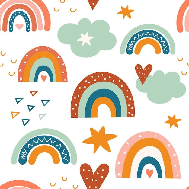 Boho seamless pattern with rainbows and clouds. Vector illustration.


