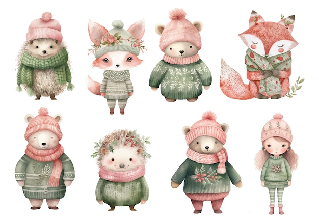 Boho set of animals wearing sweaters hats and scarves