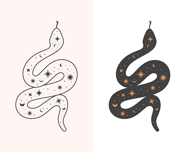 Boho snake icon. Mystic tattoo illustration in 2 versions.