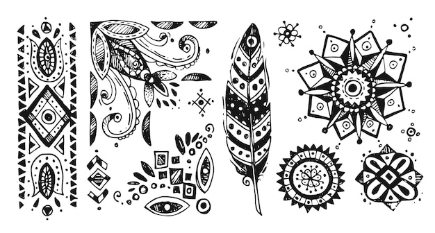 Boho style graphic elements Beautiful hand drawn illustration Trible nature pattern for your design