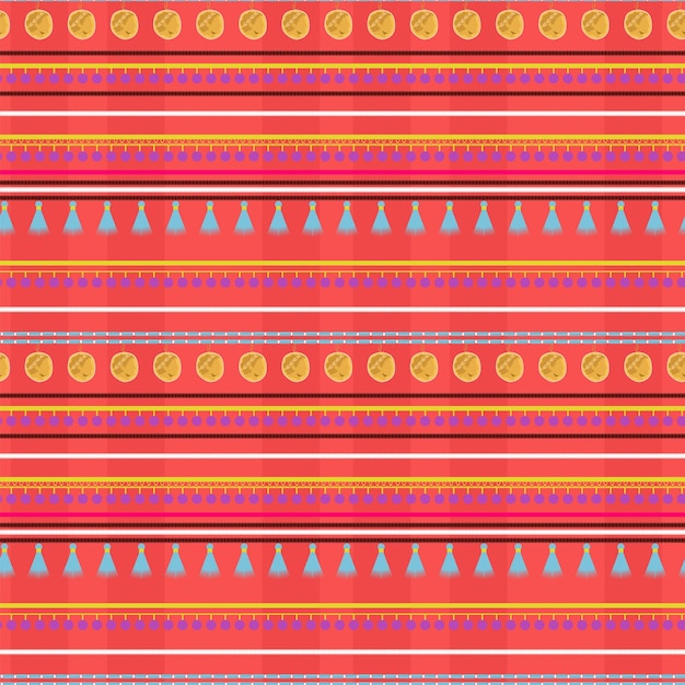 Boho style pattern with lace ribbons and Greek coins on a pink background seamless