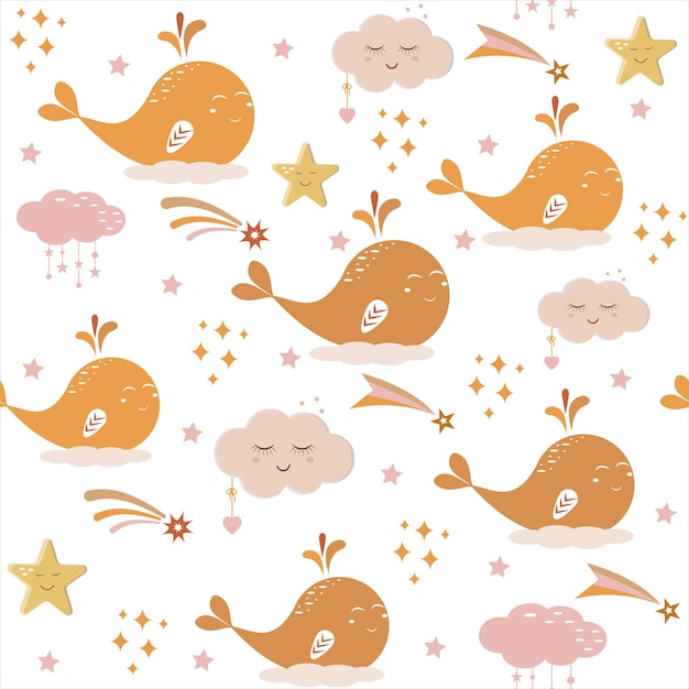 Boho-style whales and clouds pattern, color vector illustration for children's rooms