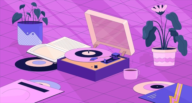 Vector boho vinyl player flowerpots lofi wallpaper