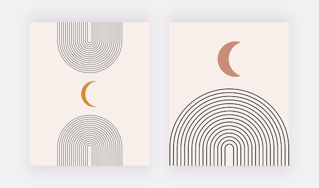 Boho wall art prints with black lines and orange moon