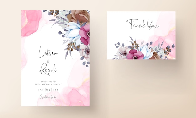 boho wedding invitation card with beautiful flower and leaves