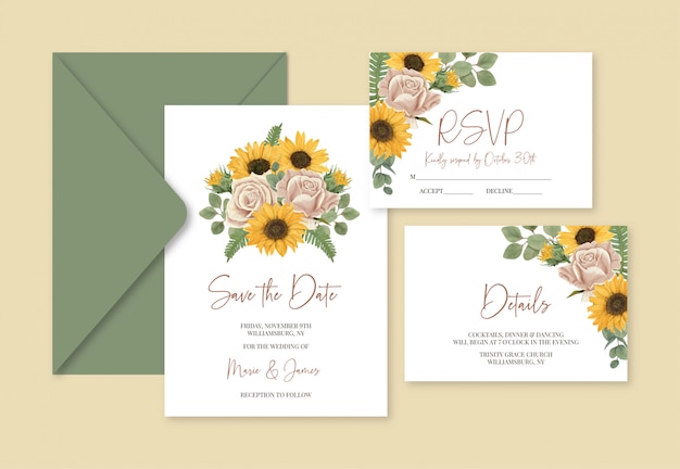 Vector boho wedding template cards with sunflowers and roses