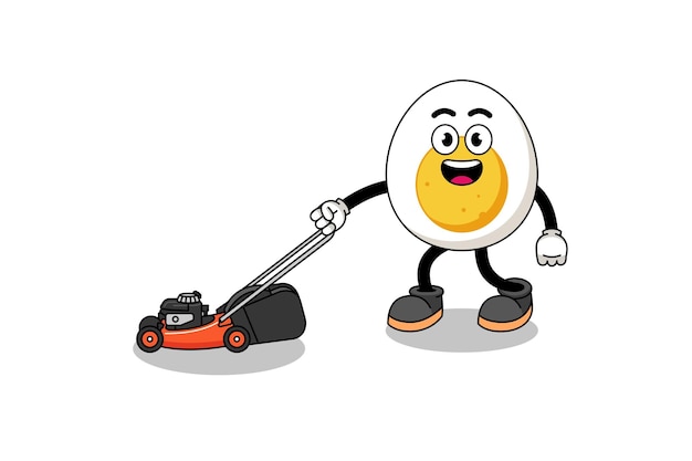 Boiled egg illustration cartoon holding lawn mower character design