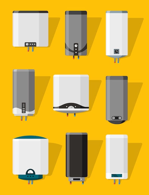 Boiler icons Symbol of heating equipment Vector water heaters in flat style Efficient house concept