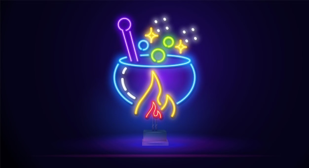 A boiling cauldron with neon for potions a halloween party happy halloween neon lamp arc bus tube is...