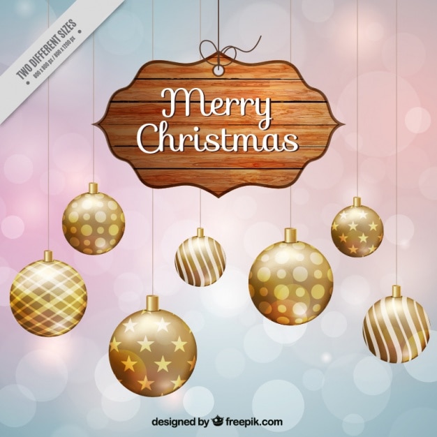 Vector bokeh background with christmas sign and golden baubles