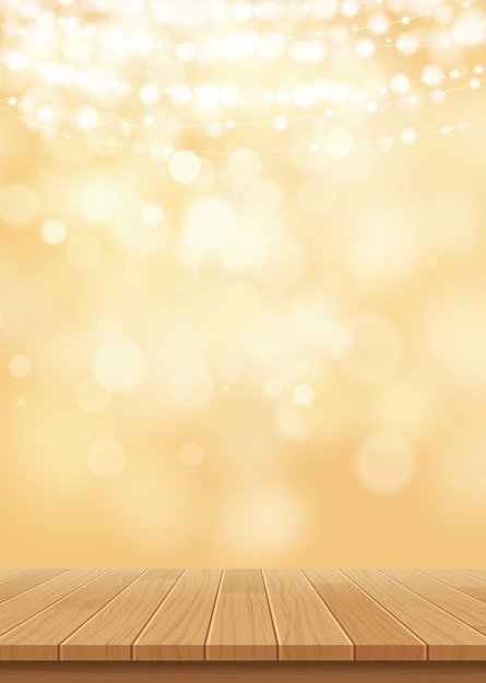 Bokeh gold glitter with wood for product on christmas background