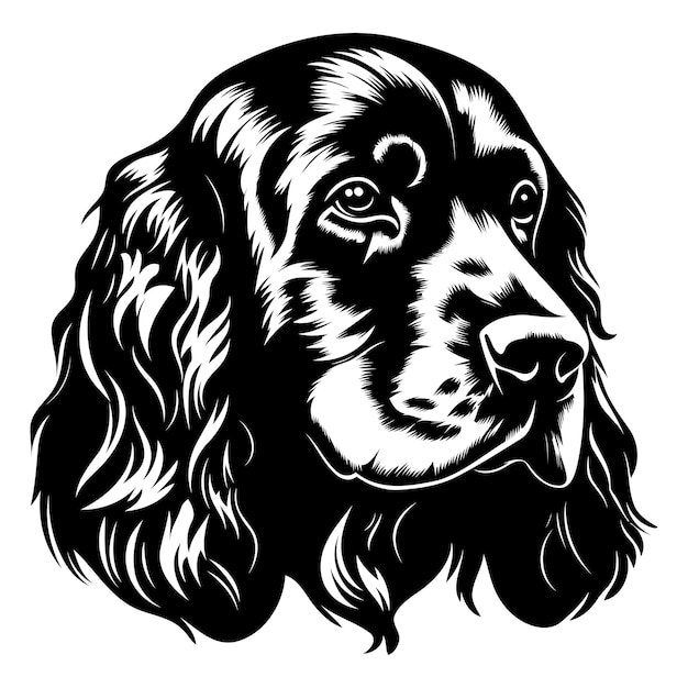 A bold black and white illustration of a cocker spaniels head perfect for dog lovers pet owners and tattoo designs