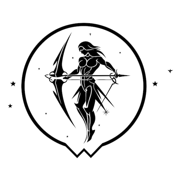 A bold black and white illustration of a sagittarius zodiac sign featuring a stylized archer within a circular frame