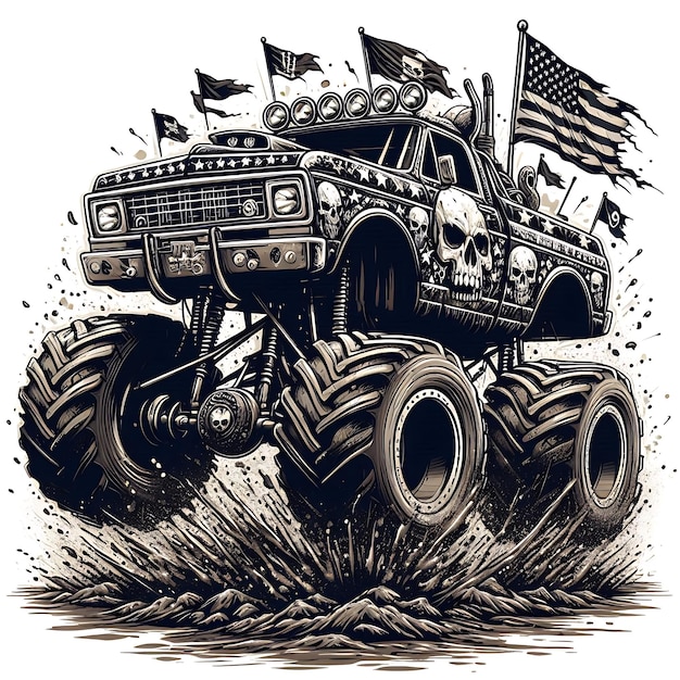 Vector bold black and white monster truck with intricate skull details