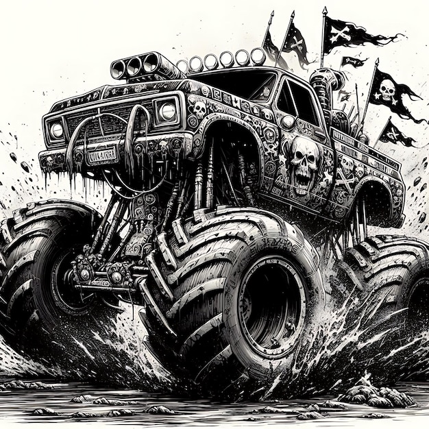 Vector bold black and white monster truck with intricate skull details