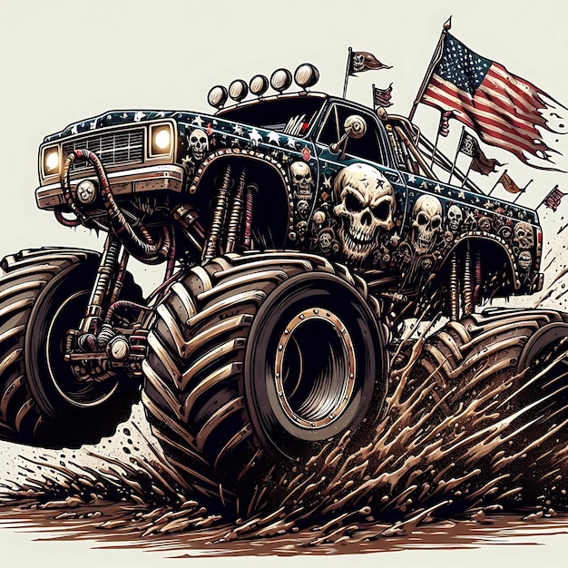 Bold black and white monster truck with intricate skull details