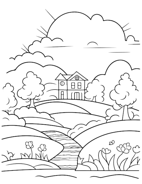 Bold and easy Landscape for kids and adults landscape coloring page minimalist art relaxing pages