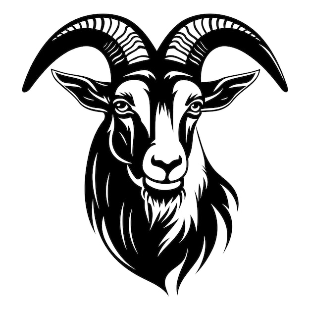 A bold and graphic black and white illustration of a goats head perfect for branding tattoos or apparel designs