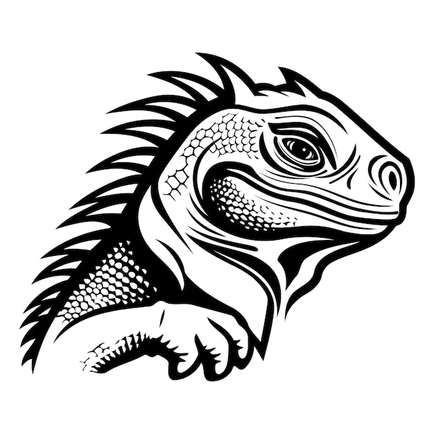 A bold and graphic black and white illustration of an iguanas head and shoulder