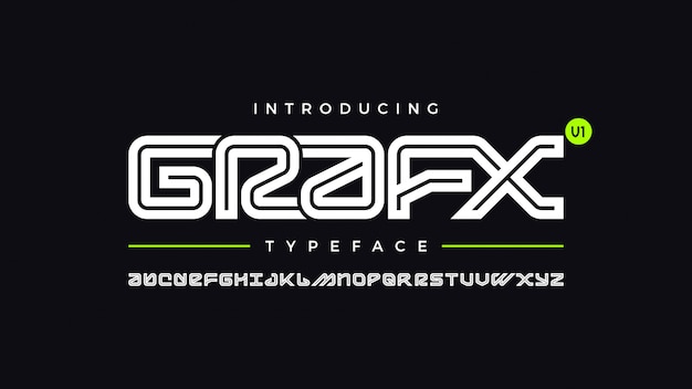 Bold strong futuristic techno robot inline typeface letters set  font grafx