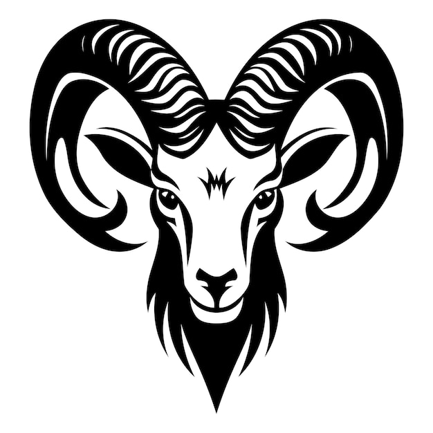 A bold and stylized black and white illustration of a rams head with intricate horns perfect for designs logos and illustrations