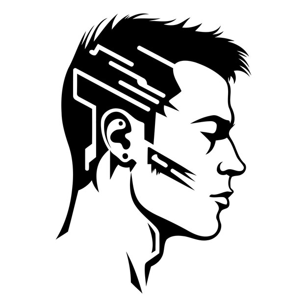 Vector a bold stylized illustration of a man with a futuristic tattoo design on his head and face